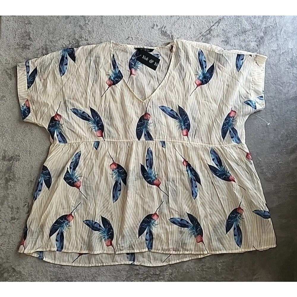 Yak & Yeti Blouse Women 's L/ XL Butter Yellow Strip Straw Print Light Airy